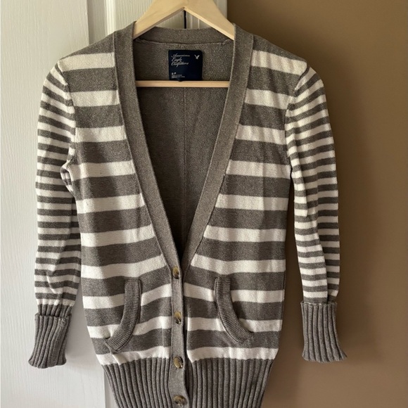 American Eagle Outfitters Striped Cardigan in Gray and Cream - Picture 2 of 7